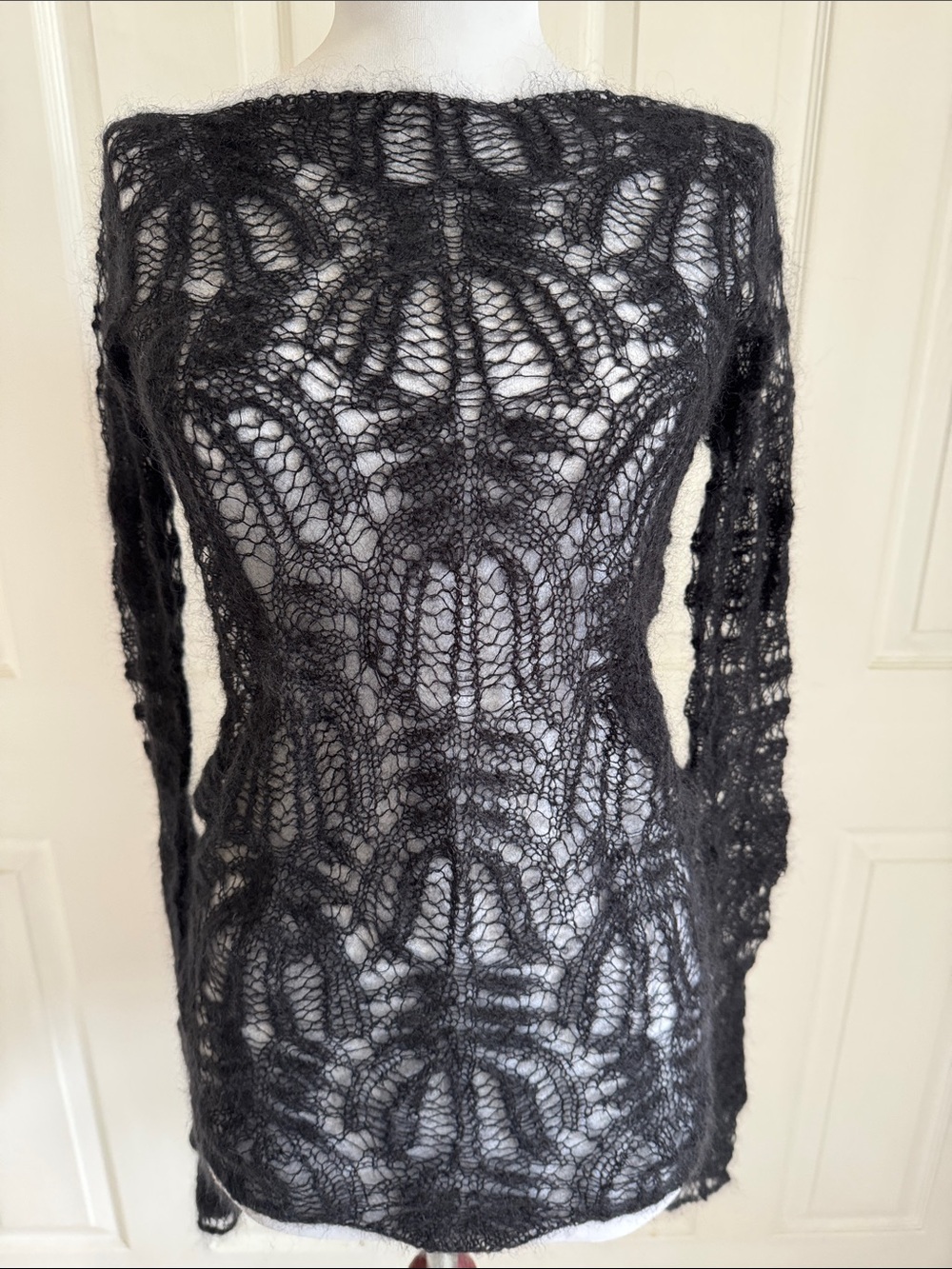 Sheer Black Lace Knit Long-Sleeve Dress